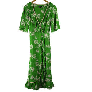 TOPSHOP Size 2 Kelly Green Wrap Maxi Dress Ruffle Floral Flowy